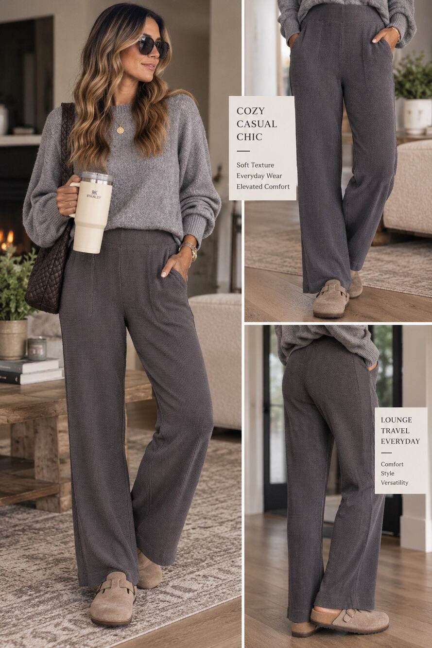 Pact Organic Cotton Pull On Wide Leg Waffle Knit Lounge Pants Gray Women's Small